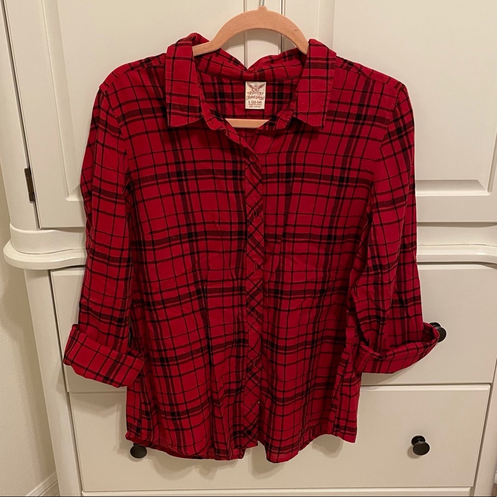 Red and black button down flannel shirt—Faded Glory